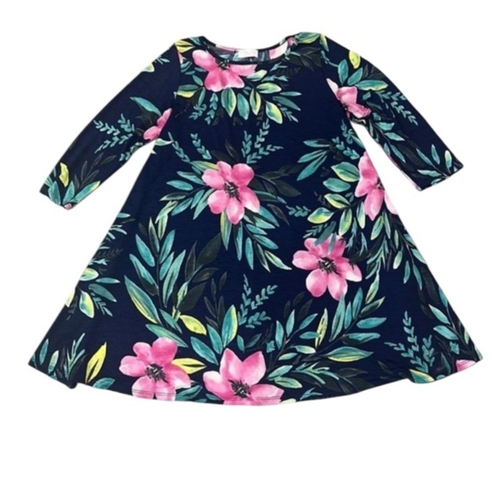 Women’s Tropical Palm Leaf Skater Dress Pink Lily Size Large Navy Pink Floral